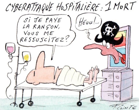 Dessin: Outre-Manche, le premier décès causé par une cyberattaque